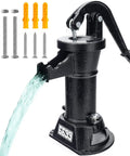 Durable Cast Iron Pitcher Pump Manual Hand Crank Suction Water Transfer Pump For Outdoor Garden Pond Backyards 25 Foot Lift Easy Install Antique Style Well Pump Black, black pump with flowing water and installation hardware.