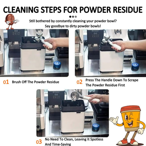 Cleaning steps for Premium Slick Silver Electric Espresso Portafilter Cleaner Paired With Solid Knock Box.