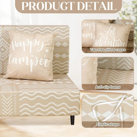 Boho RV Dinette Cushion Covers Set 6 Piece Stretchy Washable Replacement for Camper Car Benches detail view with pillowcases