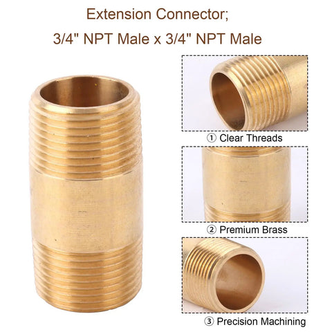 Two Pack Brass Pipe Fittings Three Quarters Inch NPT Male To Three Quarters Inch NPT Male Long Nipples Hose Adapter for plumbing