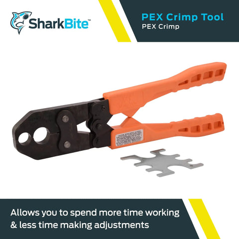 Half Inch To Three Quarter Inch PEX Crimp Tool With Dual Head And Orange Handles Visible With Black Jaw