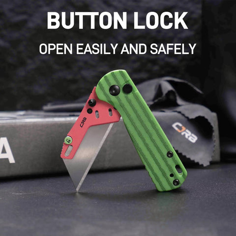 Slick Folding Utility Knife With Foolproof Toolless Blade Swap And Solid G10 Handle showcasing button lock mechanism and grip design