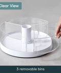 Smooth As Butter Three Bin Rotating Lazy Susan Turntable for Cabinet Organization with clear removable bins and rotating center.