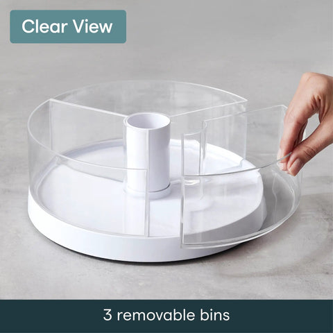 Smooth As Butter Three Bin Rotating Lazy Susan Turntable for Cabinet Organization with clear removable bins and rotating center.
