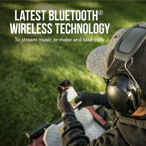 Person wearing WorkTunes Connect Solar Wireless Hearing Protector With Bluetooth, 26 dB NRR, Solar Charging For Outdoor Or Indoor Light