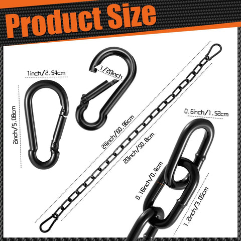 Close-up of Tough As Nails Stainless Steel Gate Chain Locks 6 Pack Adjustable Link Chains with carabiners and measurements.