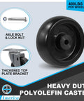 Heavy Duty 4 Inch Polyolefin Swivel Caster Wheels Set Of 4 With 1600 Lbs Capacity showing caster wheel, axle bolt, and top plate details.