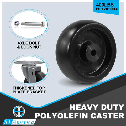 Heavy Duty 4 Inch Polyolefin Swivel Caster Wheels Set Of 4 With 1600 Lbs Capacity showing caster wheel, axle bolt, and top plate details.