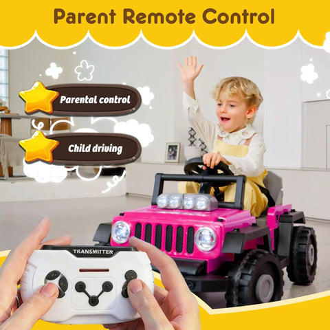 Child on 2 In 1 Ride On Truck And Go Kart For Kids, 12V Battery Powered Ride On Car With Remote Control, pink color, indoors