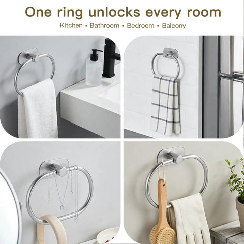 Self Adhesive Towel Ring for Bathroom No Drill Stainless Steel Brushed Nickel Stick On Wall Hand Towel Holder shown in use