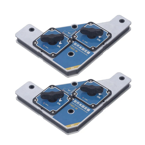 Heavy Duty Magnetic Welding Clamp With Dual Switch Control Holds 50KG For Perfect 90 Degree Steel And Iron Pipe Bar Positioning Fixture, dual switch design, blue and silver.