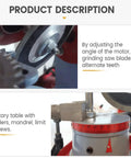 Close-up of Top Shelf Electric Circular Saw Blade Sharpener For Carbide Tipped Blades With 370 Watt Rotary Angle Mill Grinder adjustments.