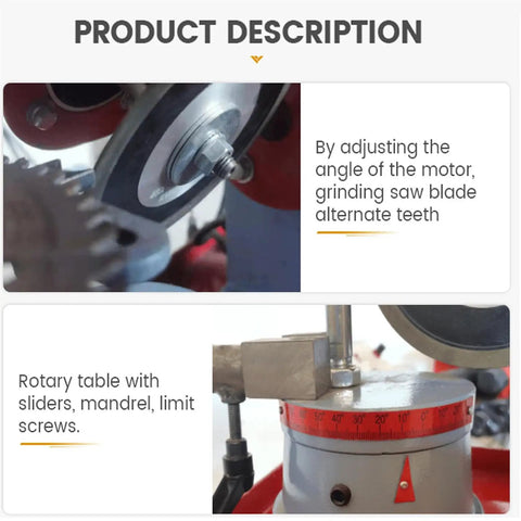 Close-up of Top Shelf Electric Circular Saw Blade Sharpener For Carbide Tipped Blades With 370 Watt Rotary Angle Mill Grinder adjustments.