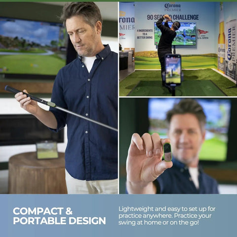 Man demonstrating MicroSim Indoor Mobile Golf Simulator With 4K Home Golf Action Motion Sensor Swing Stick indoors