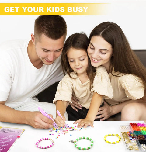 Family using Starter Jewelry Making Kit with thousands of polymer clay beads and charms for bracelets and DIY jewelry.