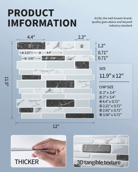 Product dimensions of Thick 2mm To 2.5mm Peel And Stick Marble Backsplash Tiles 12x12 10 Pack With 3x Stronger Adhesive