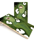 Two Regulation Size Golf Course Themed Cornhole Boards with resin filled bags, scoreboard leg brace, and eight color coordinated bags.