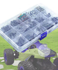 610 Piece RC Car Parts Screw Tools Kit With M3 And M4 Screws Flat And Round Heads Washers Lock Nuts Body Clips E Clips Pins And O Rings Must Have Upgrade For Traxxas Axial Redcat HPI Arrma Losi Cars Trucks Crawlers in a transparent organizer box on a RC car model