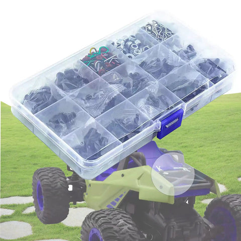 610 Piece RC Car Parts Screw Tools Kit With M3 And M4 Screws Flat And Round Heads Washers Lock Nuts Body Clips E Clips Pins And O Rings Must Have Upgrade For Traxxas Axial Redcat HPI Arrma Losi Cars Trucks Crawlers in a transparent organizer box on a RC car model