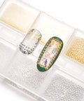 Nail Art Steel Beads And Mini Ball Rhinestones For Caviar Nails In Gold Silver Or Mixed Tone Dope For Pro Level Nail Art, 0.5mm 0.8mm And 1mm Sizes, 6 Compartment Box For Easy Organization And Precise Detailing on sample nail tips