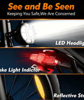 Powerful 2500 Watt Fat Tire Electric Bike with LED headlights, brake light indicator, and reflective stripe for safety.