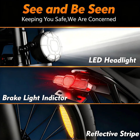 Powerful 2500 Watt Fat Tire Electric Bike with LED headlights, brake light indicator, and reflective stripe for safety.
