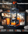 Android 14 Barcode Scanner With Beast 6 Inch Screen displaying warehouse scene on bright, rugged screen in glove-covered hands.