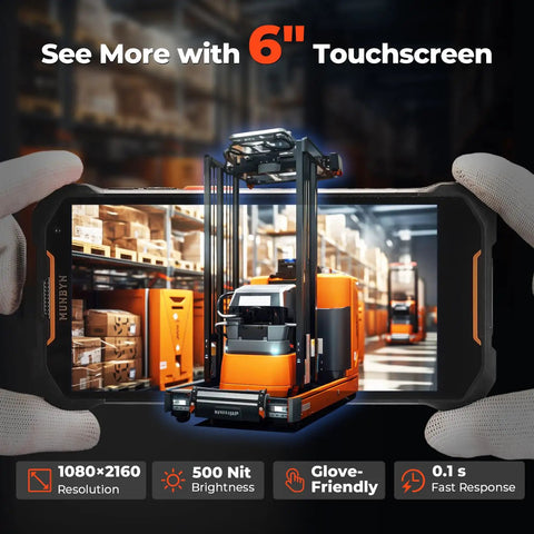 Android 14 Barcode Scanner With Beast 6 Inch Screen displaying warehouse scene on bright, rugged screen in glove-covered hands.