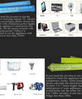 Infographic on choosing inverters for resistive and inductive loads with household electronic images.