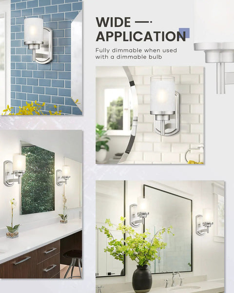 Modern Sleek Brushed Nickel Bath Vanity Light Fixture With White Linen Frosted Glass Shades Wall Sconce Duo For Bathroom Living Room Porch Or Mirror Cabinet Fully Dimmable With Any Dimmable Bulb 60W Max Two Pack in various room settings