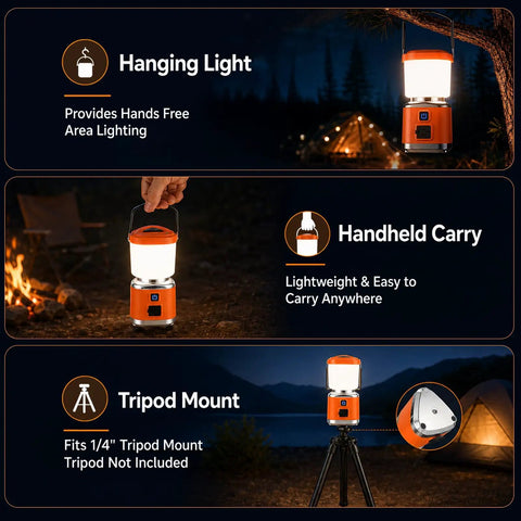 Rechargeable Camping Lantern With 1500 Lumen Brightness on tripod, handheld, and hanging in outdoor setting.