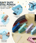 Six Color Single Hole Puncher Pack In One Quarter Inch Metal Handheld, Go-To Heavy Duty Tool With 15 Sheet Capacity displayed on desk