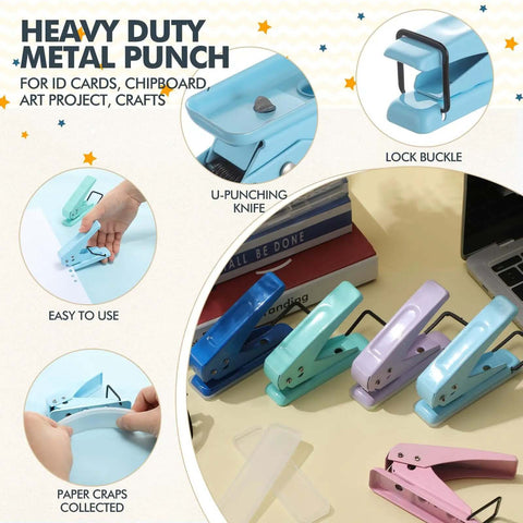 Six Color Single Hole Puncher Pack In One Quarter Inch Metal Handheld, Go-To Heavy Duty Tool With 15 Sheet Capacity displayed on desk