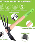Hoe And Cultivator Garden Rake With 14 Inch Wooden Handle And Sharp Hoe Blade With A Sturdy Three Claw Tiller shown with features.