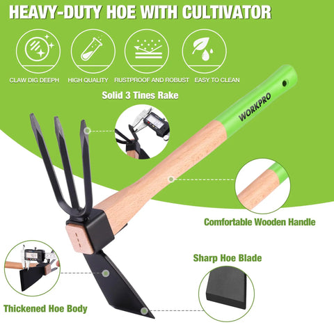 Hoe And Cultivator Garden Rake With 14 Inch Wooden Handle And Sharp Hoe Blade With A Sturdy Three Claw Tiller shown with features.