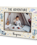 Hot Air Balloon Baby Boy Picture Frame 4x6 Inches, Solid Wood Nursery Decor Gift From Mom, The Adventure Begins, child in frame.