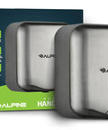 Built Tough Automatic Hand Dryer With High Speed Hot Air Blower In Brushed Stainless Steel 1800 Watts shown with packaging