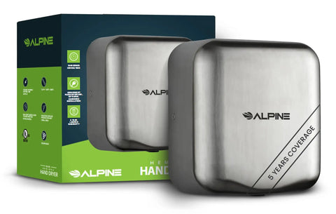 Built Tough Automatic Hand Dryer With High Speed Hot Air Blower In Brushed Stainless Steel 1800 Watts shown with packaging