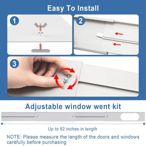 Portable AC Window Vent Kit With Adjustable Vertical And Horizontal Sliding Panels, Easy Rail System diagram