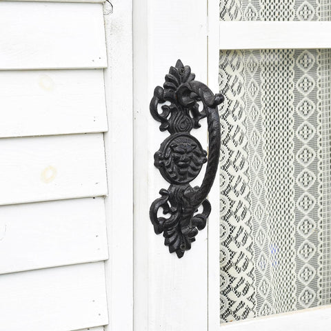 Solid Cast Iron Gate Handles Set 2 Pack Heavy Duty 8.7 Inch Long Barn Door Pulls for Fence Gate on a white door with lace panel.