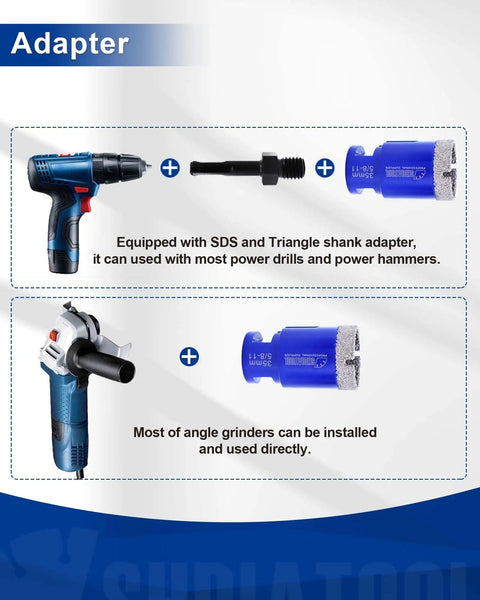Adapter kit for Six Piece Diamond Core Drill Bit Set for Porcelain Tile Granite and Marble with power drill and hammer
