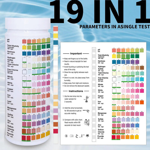 19 In 1 Water Quality Test Strips For Tap And Well Water Straight Up PH Hardness Chlorine Lead Nitrate Bacteria Testing Kit With 100 Heavy Duty Reagents Plus No Guesswork Readouts instruction and color chart image.