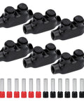 Heavy Duty Insulated Inline Splice Connectors 6 Pack For 2 To 14 Awg Wire Copper Aluminum in black rubberized material.