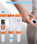 Handheld 5 In 1 Digital Pool Water Tester With pH And Salinity Meter showing size and fit in pocket, orange and white design.