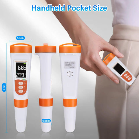 Handheld 5 In 1 Digital Pool Water Tester With pH And Salinity Meter showing size and fit in pocket, orange and white design.