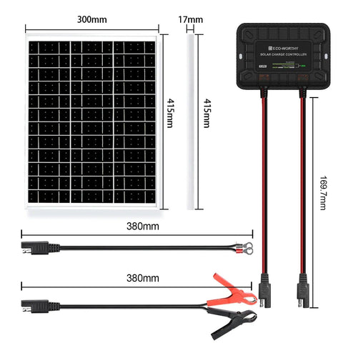 Keep Your 12V Batteries Charged With A 25W Waterproof Solar Panel Kit And Trickle Maintainer Featuring An Adjustable Mount Bracket And Upgraded Controller For Cars, RVs, Boats, Motorcycles, And Marine Use; includes solar panel, controller, mount, and cables.