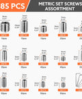 Product diagram showing 485 Pcs Set Screws Kit In 304 Stainless Steel With 14 Sizes M3 M4 M5 M6 M8 Head Socket Hex Cup Point Includes 5 Hex Wrenches And 1 Tweezer Durable Rust Resistant Gear For DIY And Pro Projects.