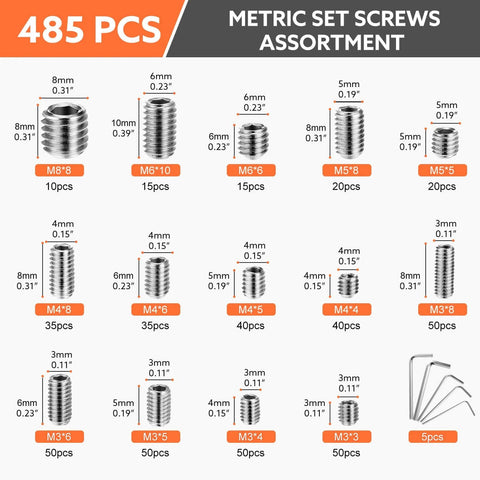 Product diagram showing 485 Pcs Set Screws Kit In 304 Stainless Steel With 14 Sizes M3 M4 M5 M6 M8 Head Socket Hex Cup Point Includes 5 Hex Wrenches And 1 Tweezer Durable Rust Resistant Gear For DIY And Pro Projects.