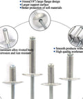 100 Pieces Large Flange Blind Rivets Aluminum Assortment Kit For Heavy Duty Quick Fixes And Strong Seams Three Sixteenths By Five Eighths Inch Grip Range Eight To Twelve Millimeters Rust Resistant Pop Rivets For Soft Materials And Wood, showing various rivet sizes and features.
