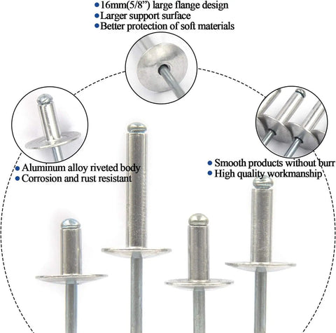 100 Pieces Large Flange Blind Rivets Aluminum Assortment Kit For Heavy Duty Quick Fixes And Strong Seams Three Sixteenths By Five Eighths Inch Grip Range Eight To Twelve Millimeters Rust Resistant Pop Rivets For Soft Materials And Wood, showing various rivet sizes and features.